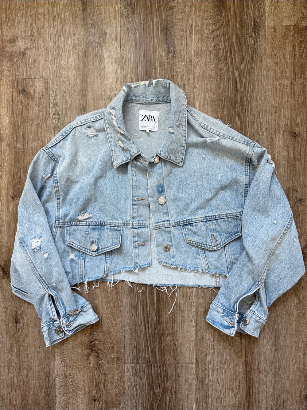 ZARA Light Wash Distressed Cropped Denim Jacket